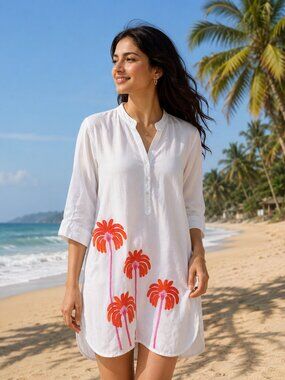 Vilagallo 100% Linen White Embroidered Palm Tree Tunic Dress Size 38